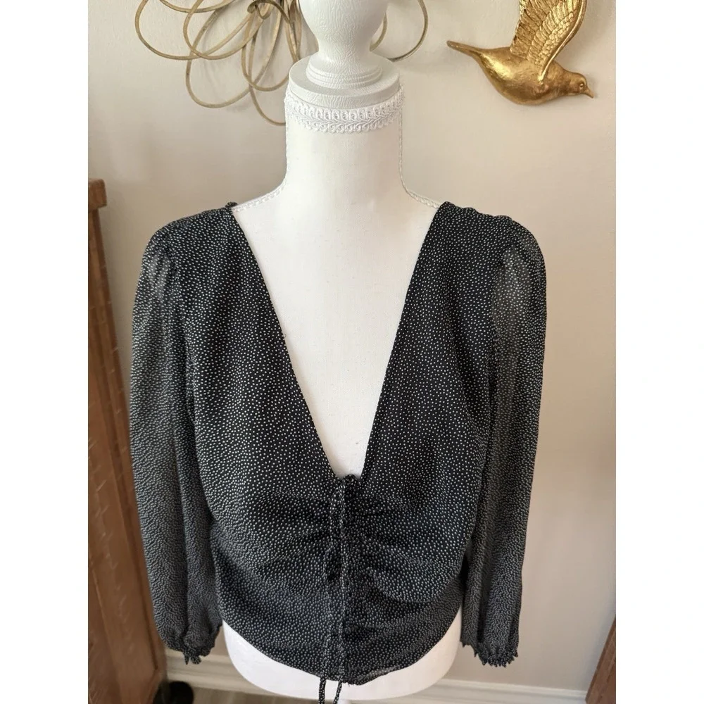 Abercrombie & Fitch Ruched Blouse Black White Polka Dot Puff Sleeve Medium